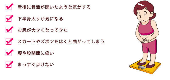 ・産後に骨盤が開いたような気がする・下半身太りが気になる・お尻が大きくなってきた・スカートやズボンをはくと曲がってしまう・腰や股関節に痛い・まっすぐ歩けない